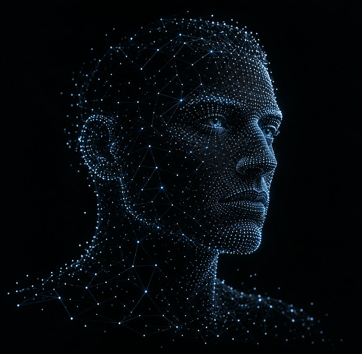AI facial recognition — a human profile rendered as a network of connected data points